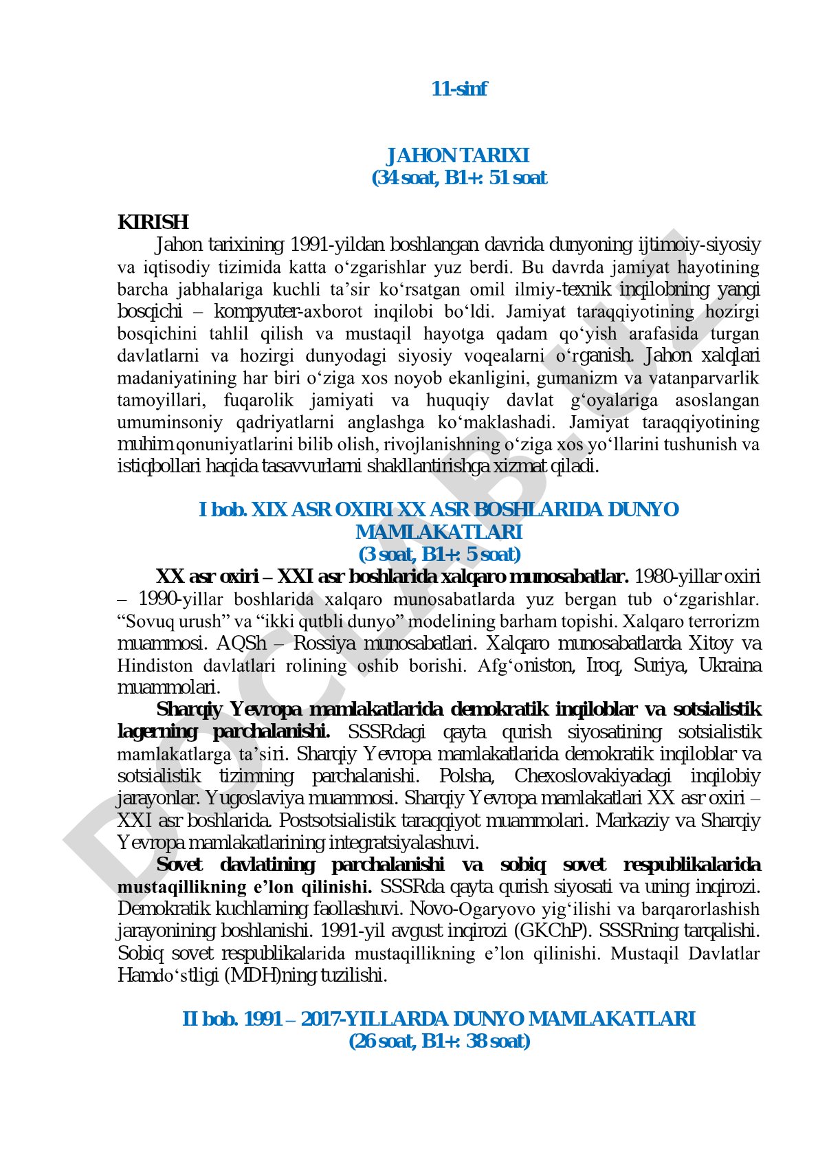 11-sinf Jahon tarixi fanidan o'quv dasturi