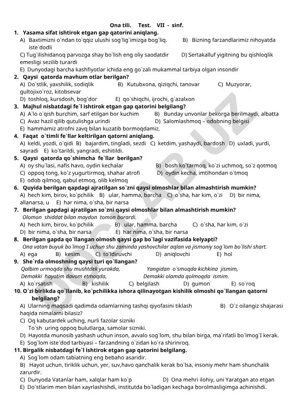 Ona tili fanidan VII-sinf uchun test savollari