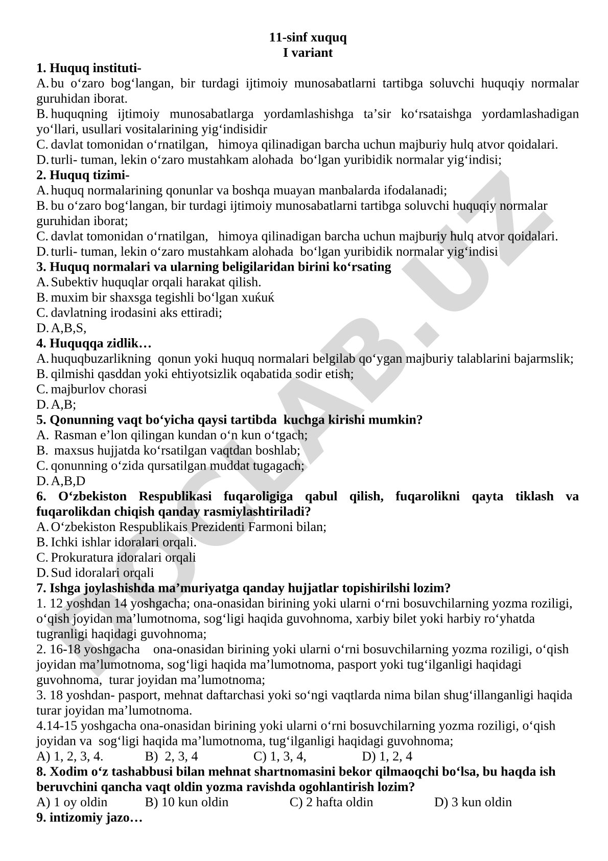 11-sinf huquq I variant test savollari