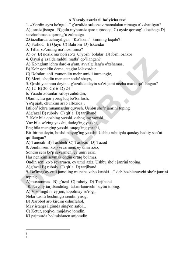 Alisher Navoiy asarlari bo'yicha test savollari