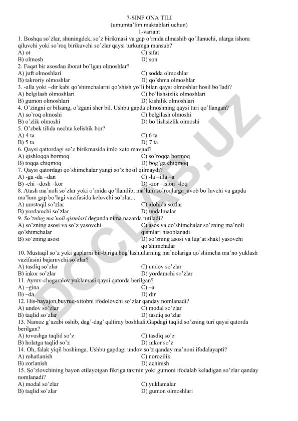 7-sinf ona tili test savollari va javoblari