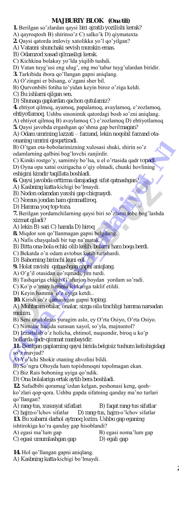 2 MAJBURIY BLOK (Ona tili)