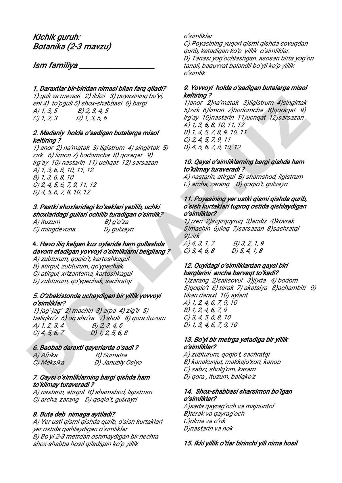 Botanika fanidan test savollari