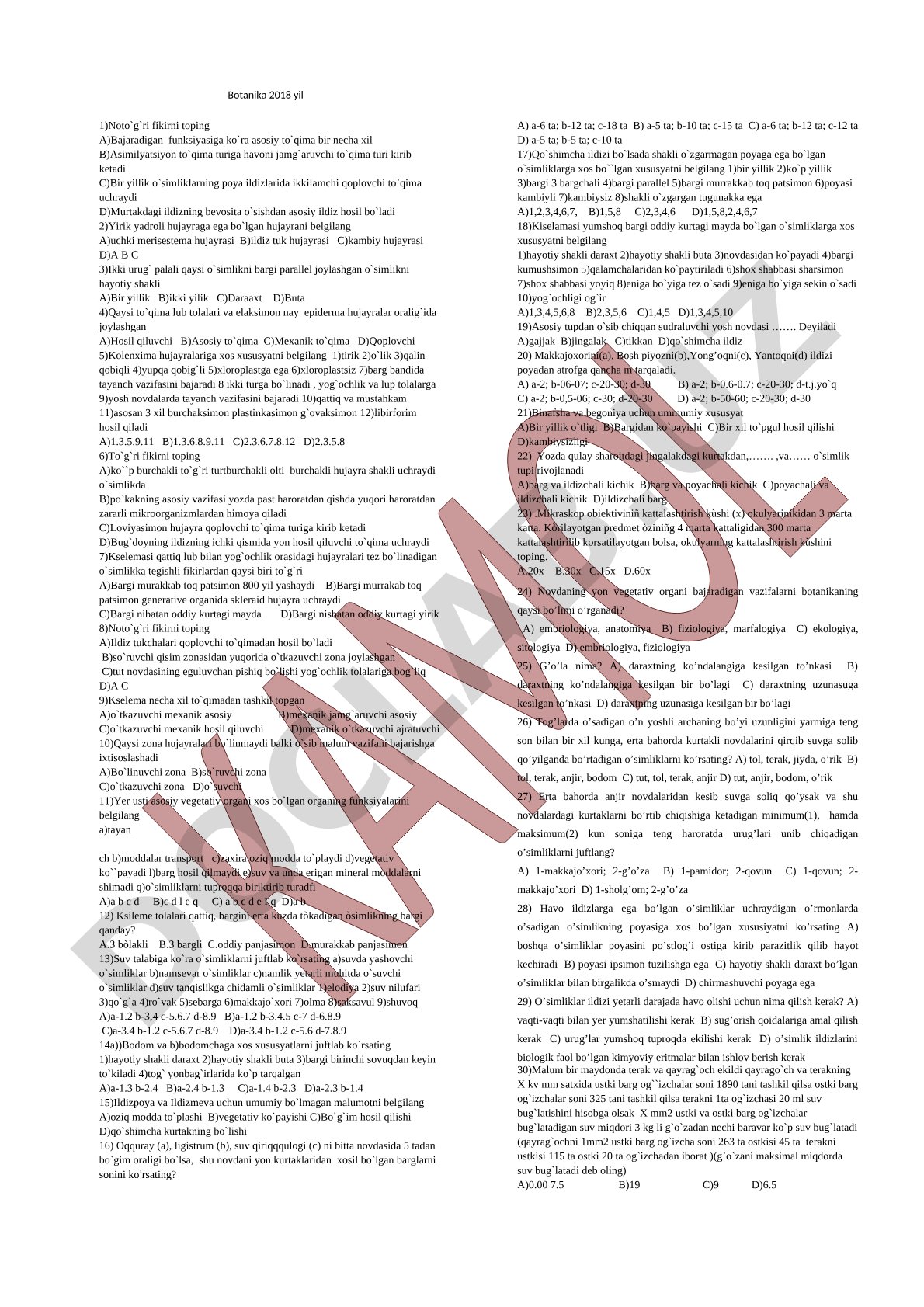 Botanika test savollari
