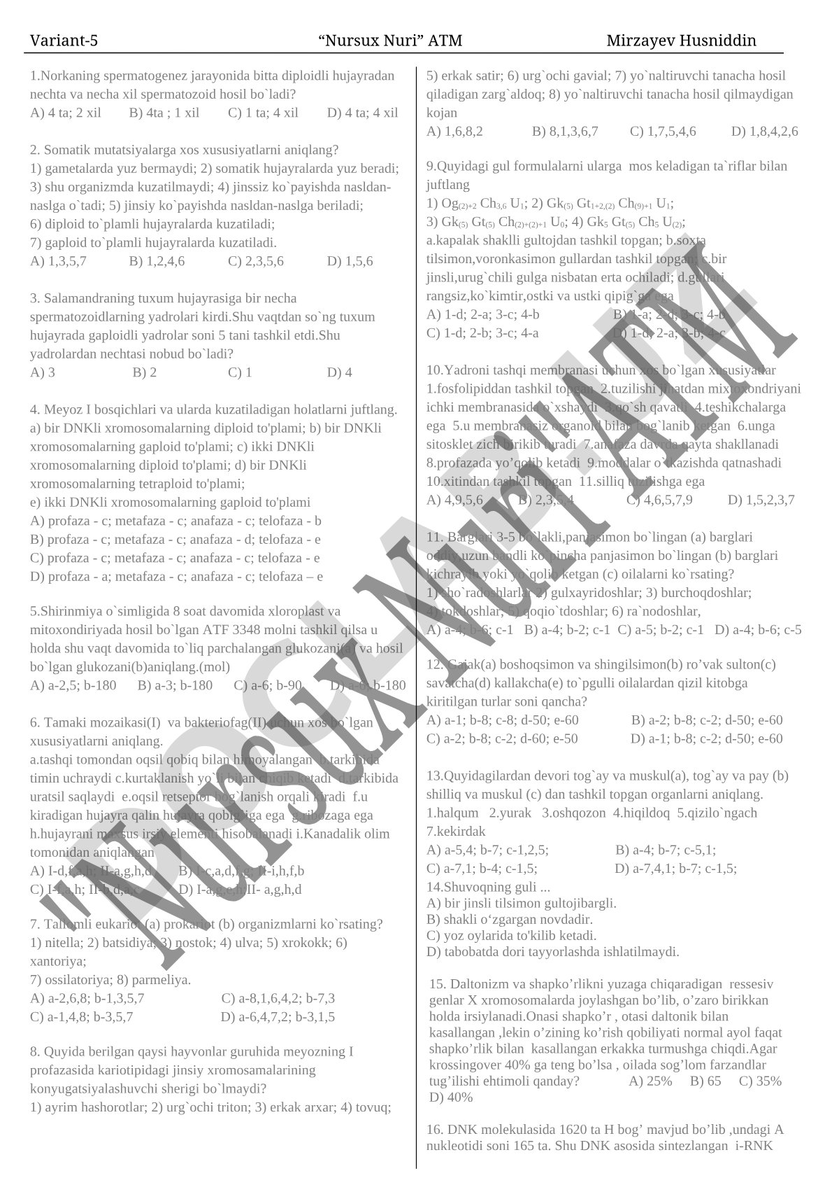 Nursux Nuri ATM fanidan test savollari