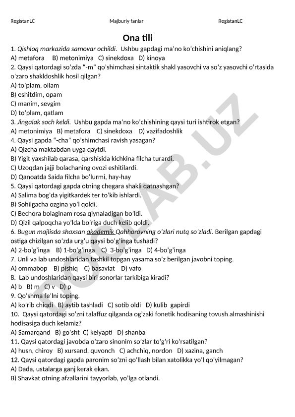 Ona tili fanidan test savollari