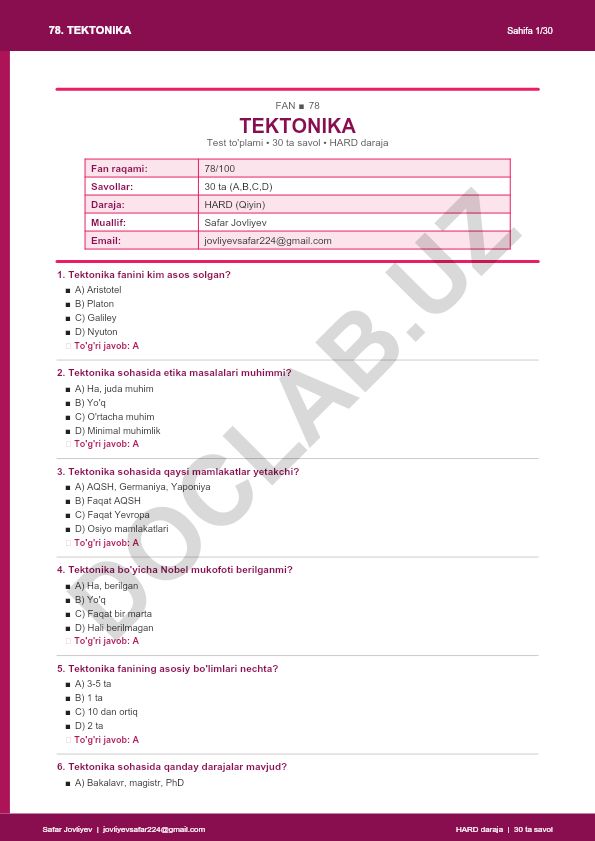 Tektonika faniga oid test to'plami