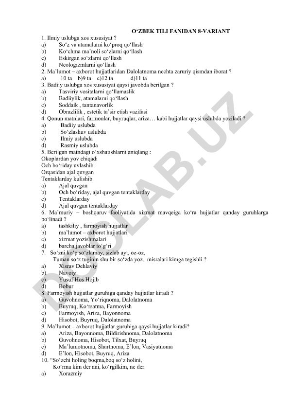 O‘zbek tili fanidan test savollari va javoblari