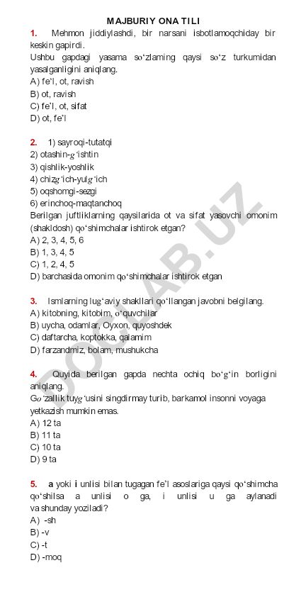 Ona tili test savollari va javoblari
