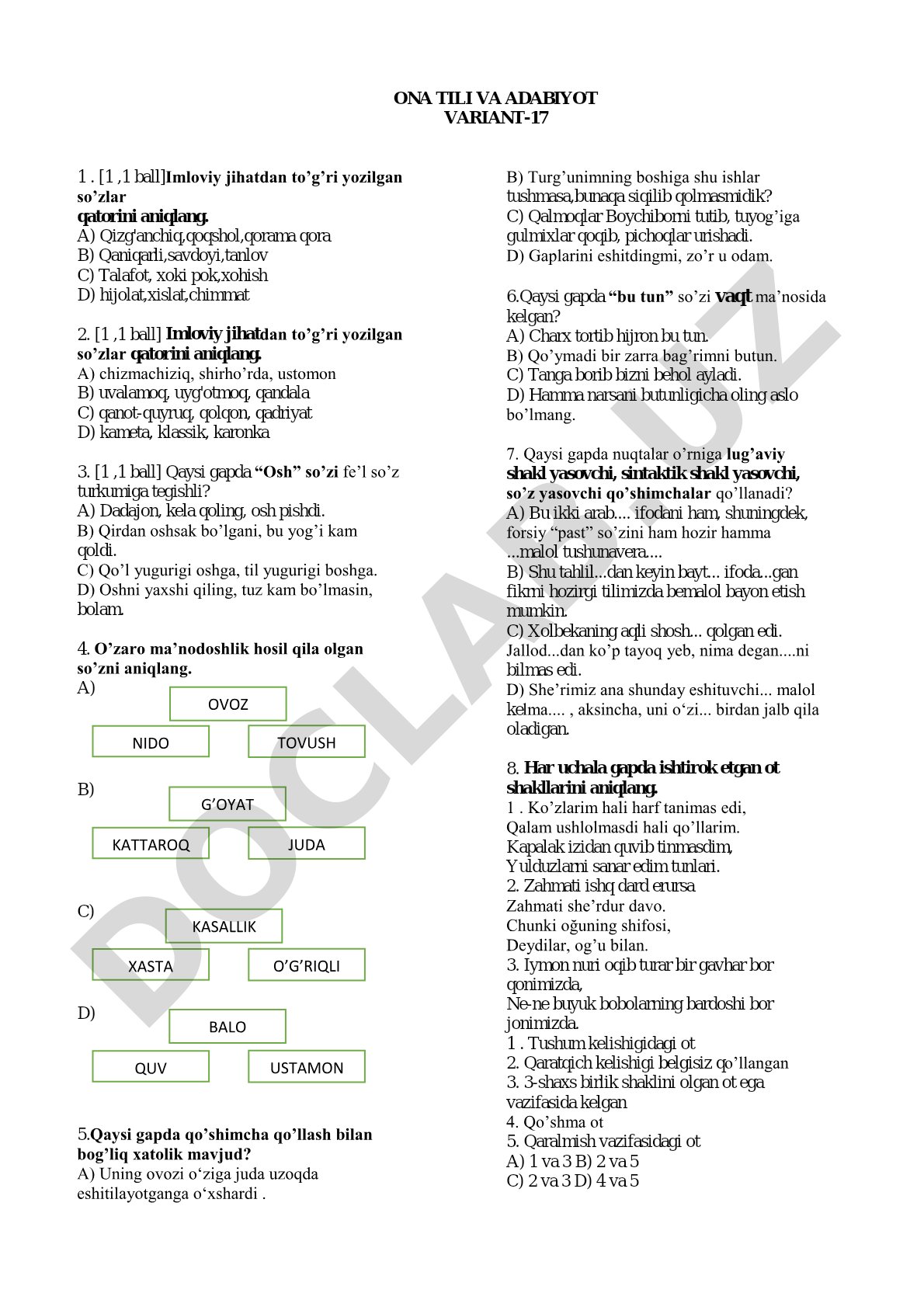 Ona tili va adabiyot variant-17 test savollari