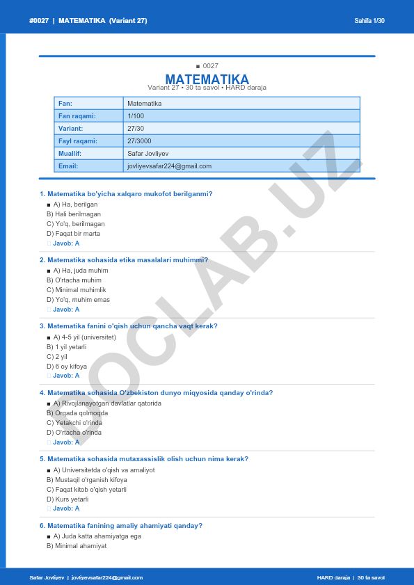 Matematika faniga oid 30 ta savol va javoblar to'plami