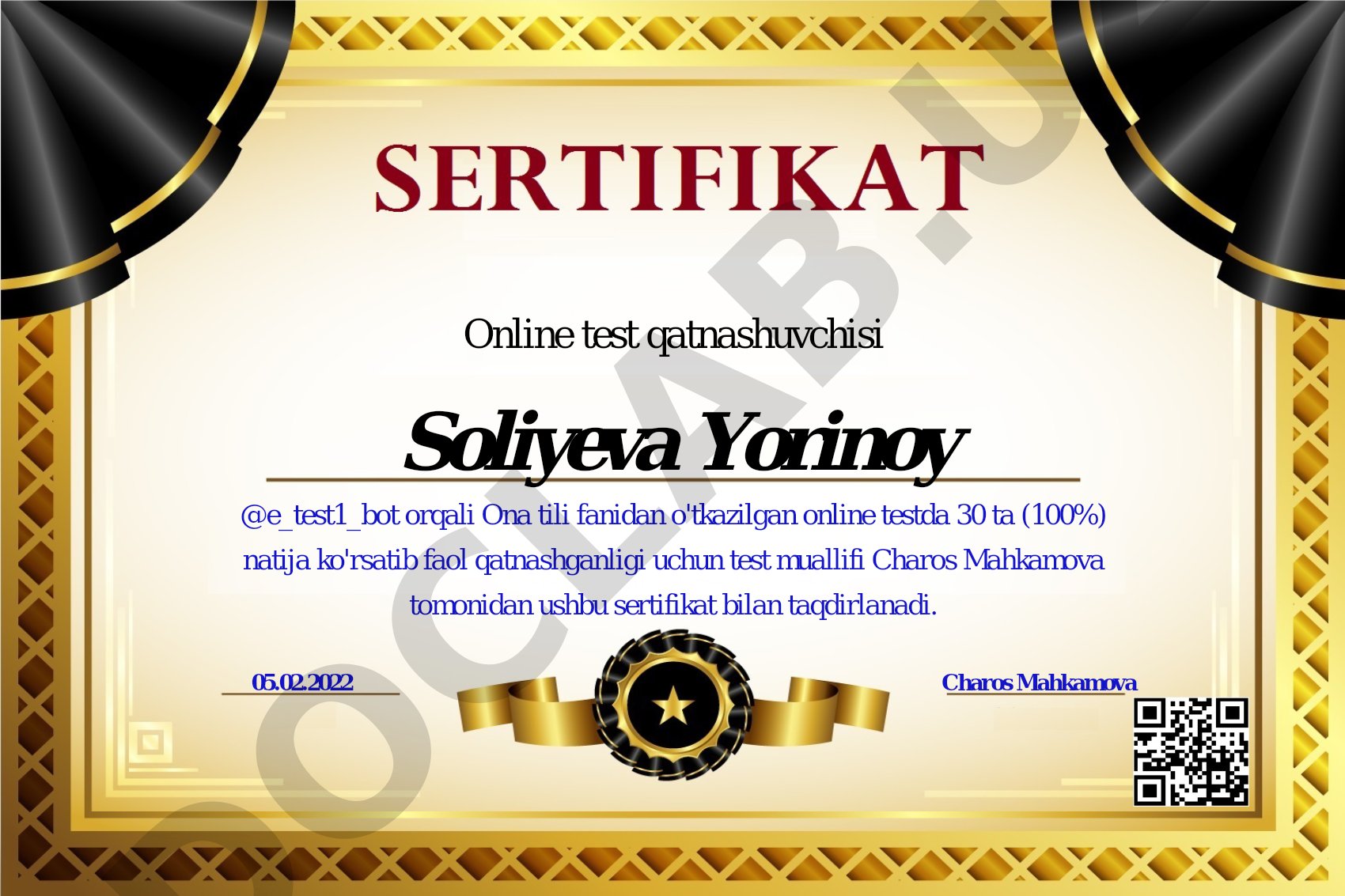 Ona tili fanidan online test sertifikatlari
