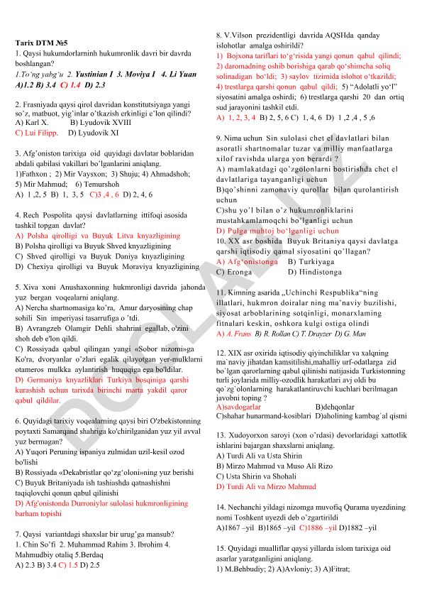Tarix fanidan test savollari