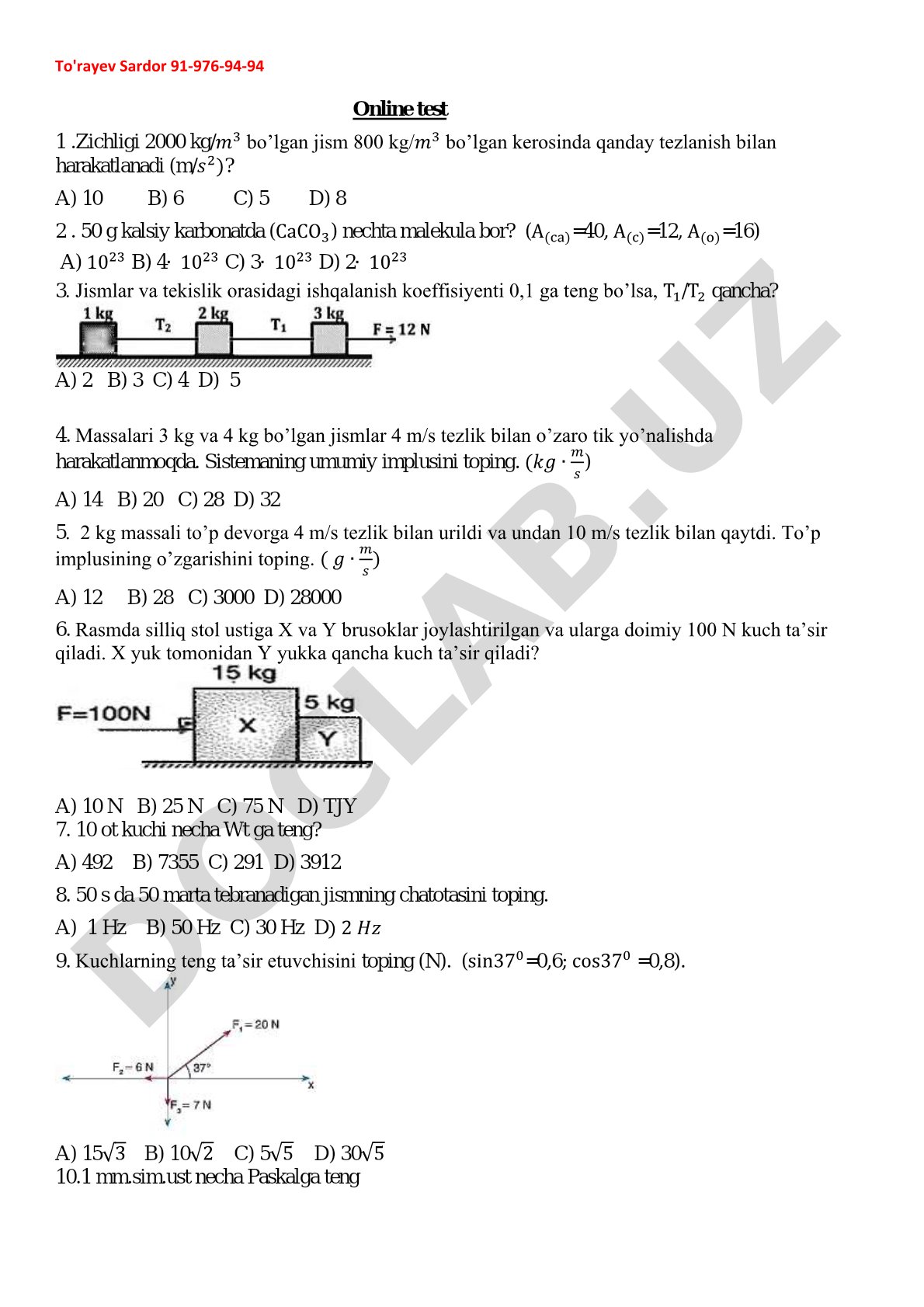Online test 1 (fizika masalalari)