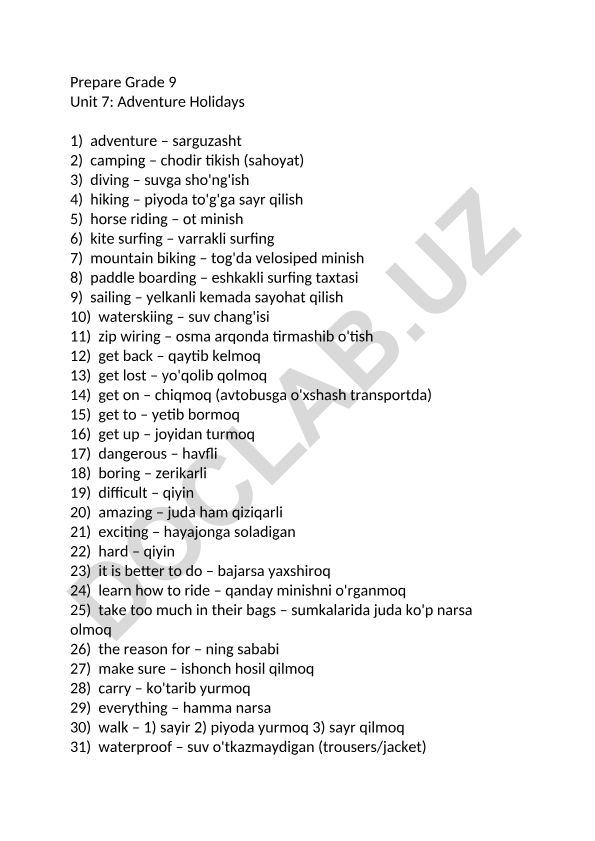 Grade 9 Unit 7: Adventure Holidays