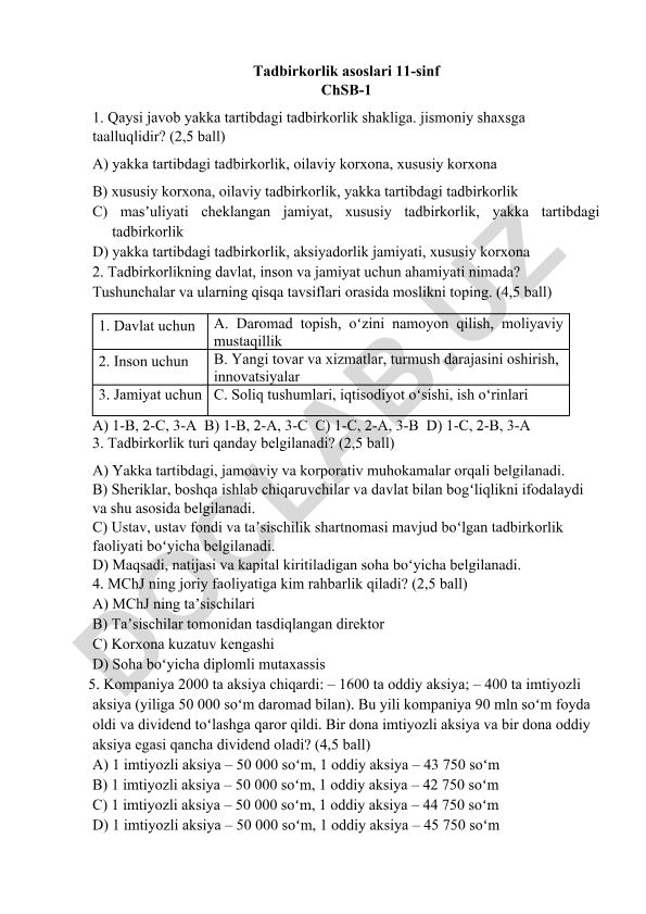 Tadbirkorlik asoslari 11-sinf test savollari