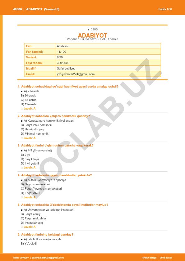 Adabiyot faniga oid test savollari (Variant 6)