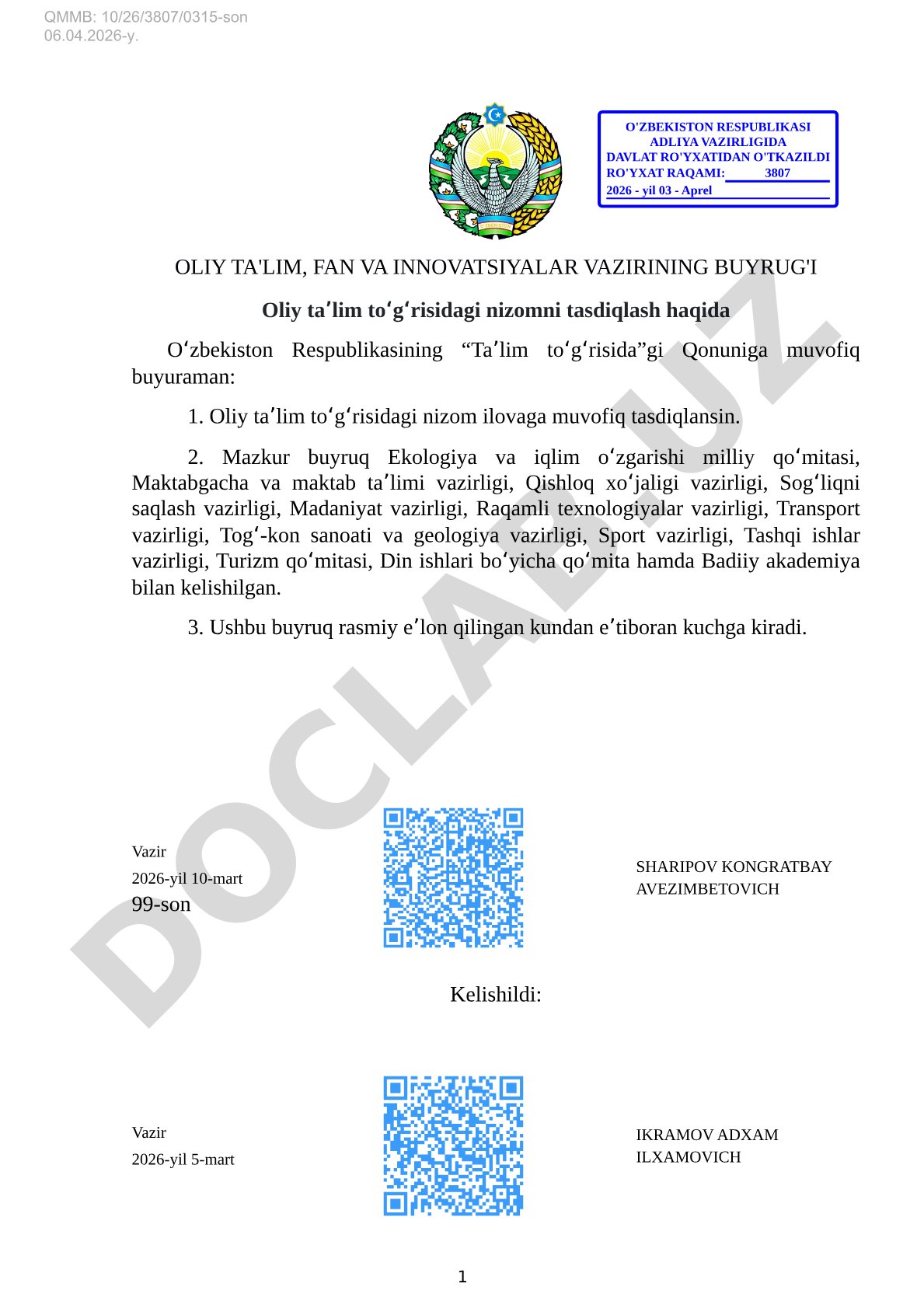 Oliy taʼlim toʻgʻrisidagi nizomni tasdiqlash haqida
