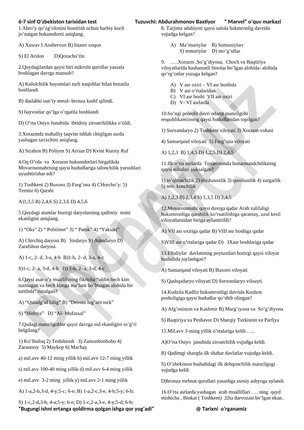 Tarix fanidan test savollari