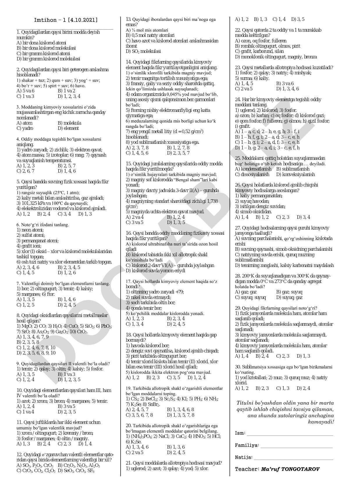 Kimyodan imtihon test savollari