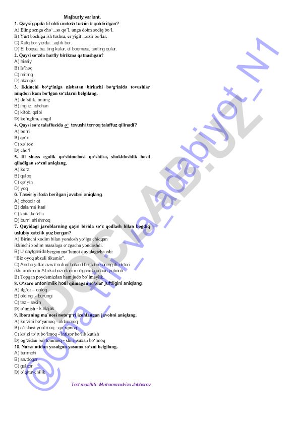 O'zbek tili test savollari va javoblari
