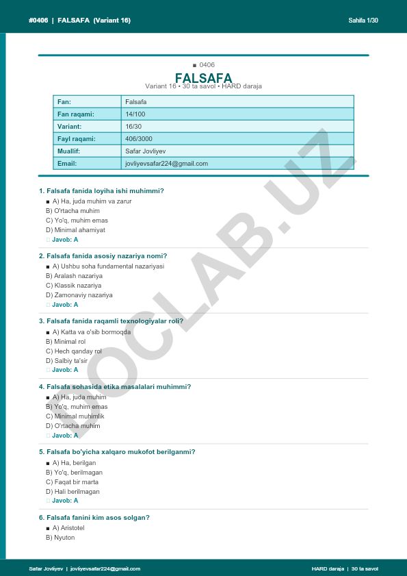 Falsafa fanidan test savollari (Variant 16)