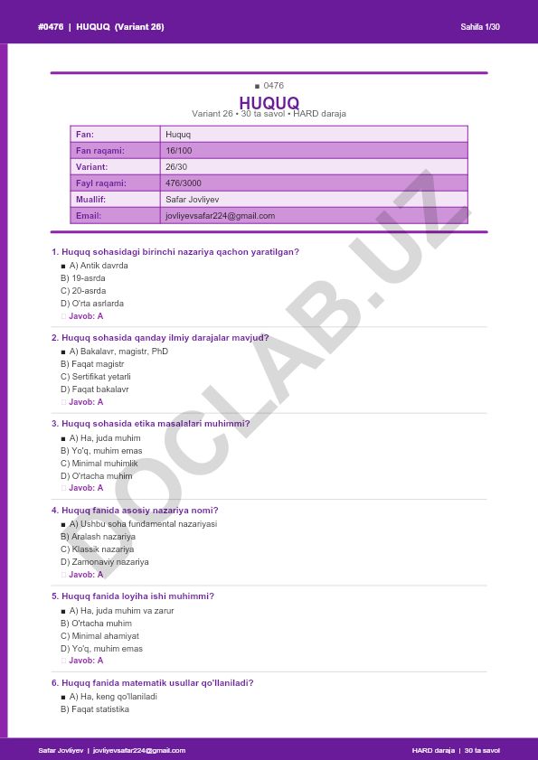 Huquq fanidan test savollari (Variant 26)
