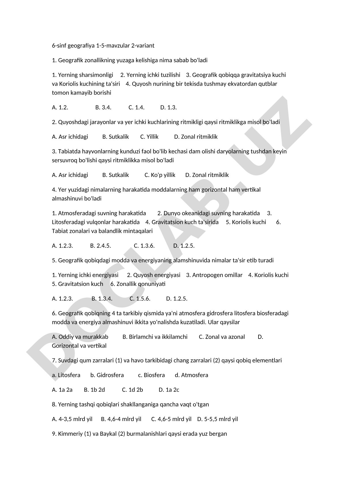 6-sinf geografiya 1-5-mavzular 2-variant