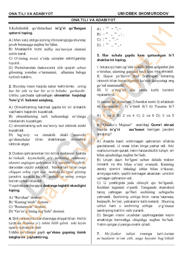 Ona tili va adabiyot fanidan test savollari