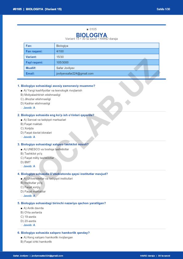 Biologiya fanidan test savollari to'plami