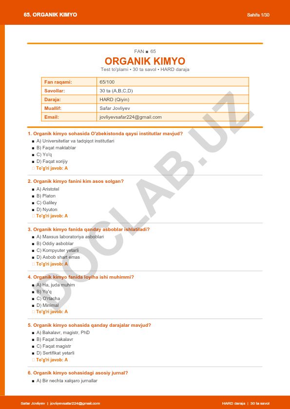 Organik kimyo fanidan test to'plami