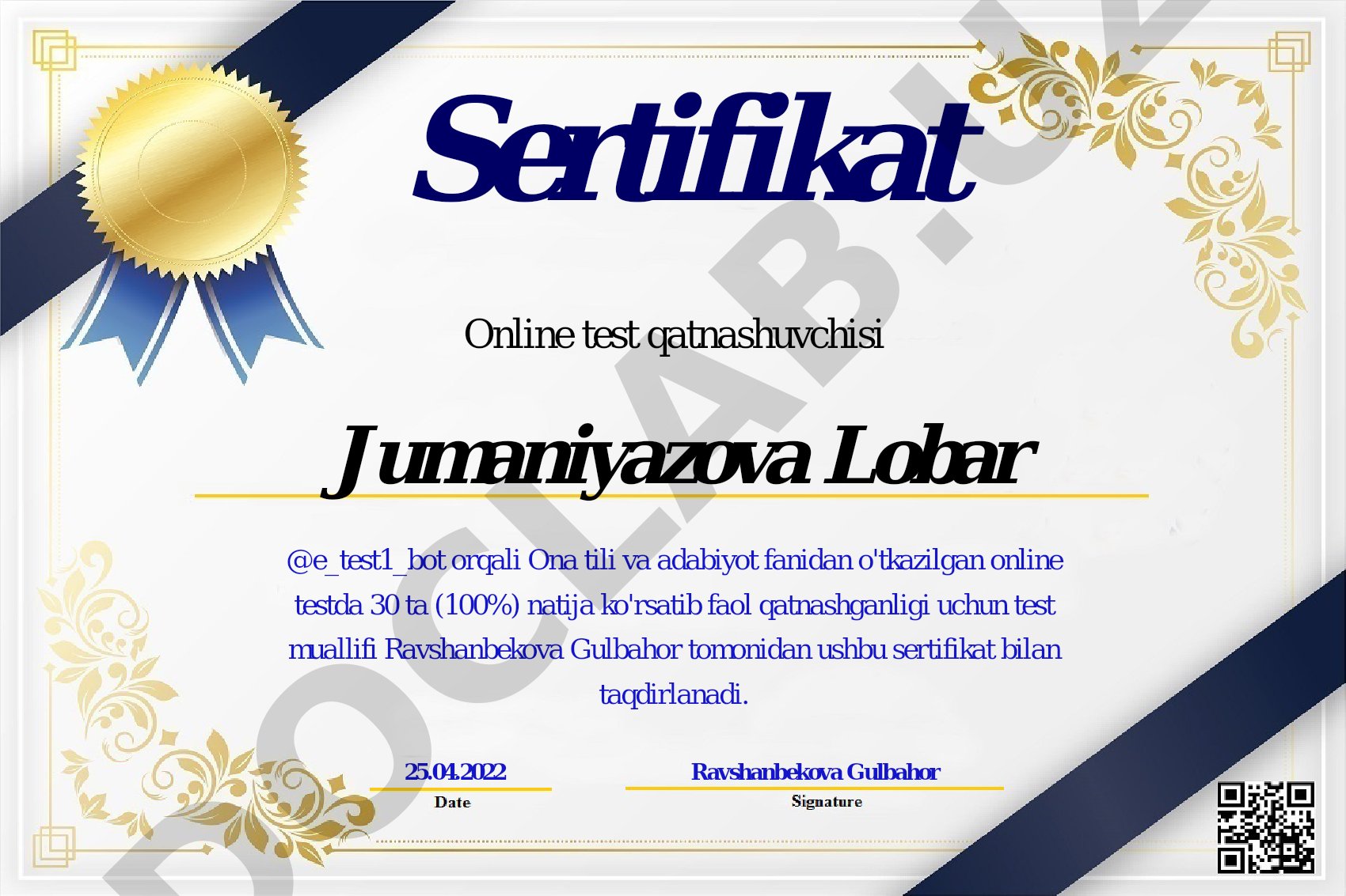Ona tili va adabiyot fanidan online test sertifikatlari