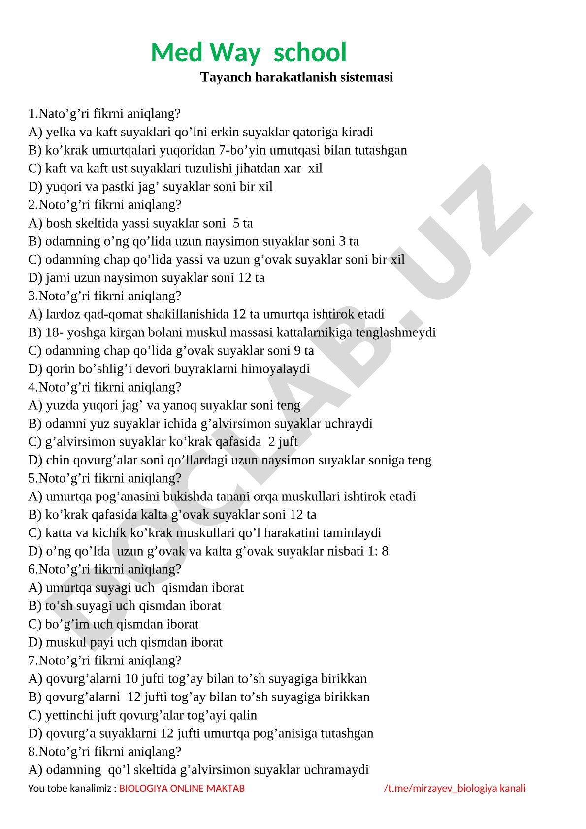 Tayanch harakatlanish sistemasi test savollari