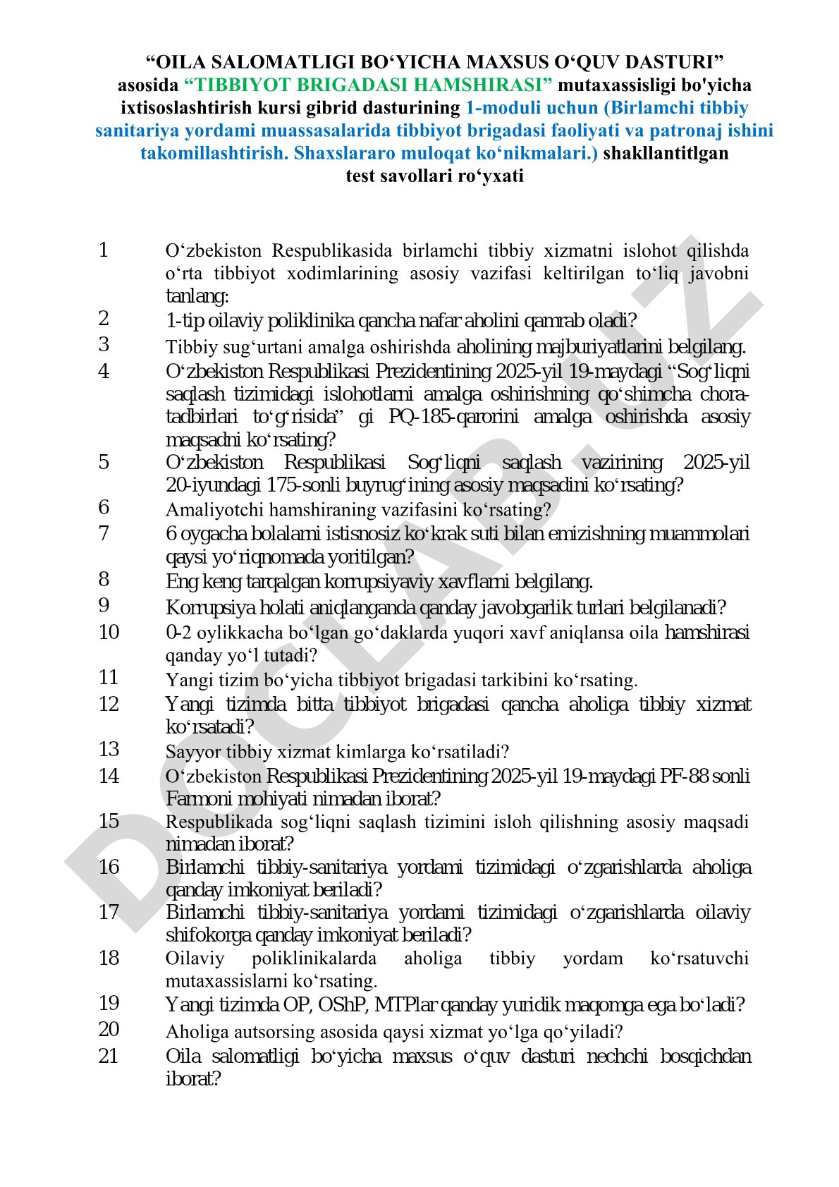Tibbiyot brigadasi hamshirasi mutaxassisligi bo'yicha ixtisoslashtirish kursi test savollari