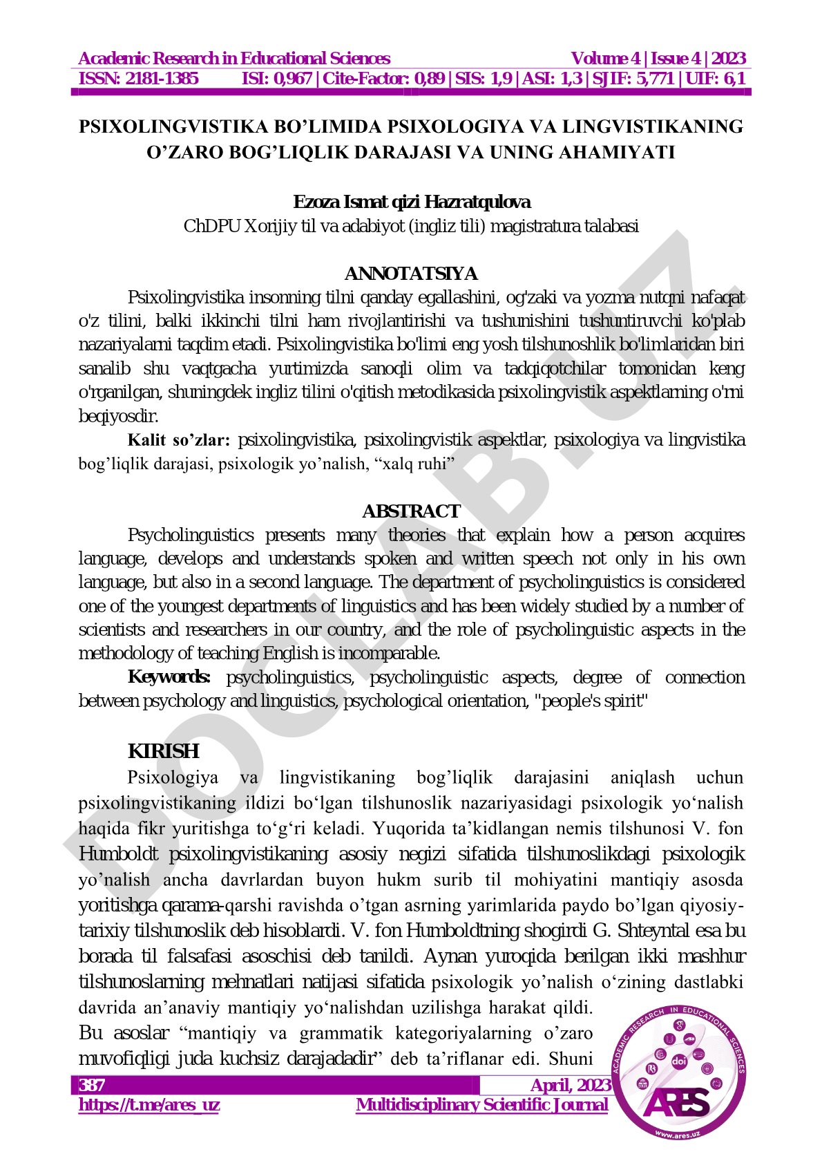 Psixolingvistika bo'limida psixologiya va lingvistikaning o'zaro bog'liqlik darajasi va uning ahamiyati