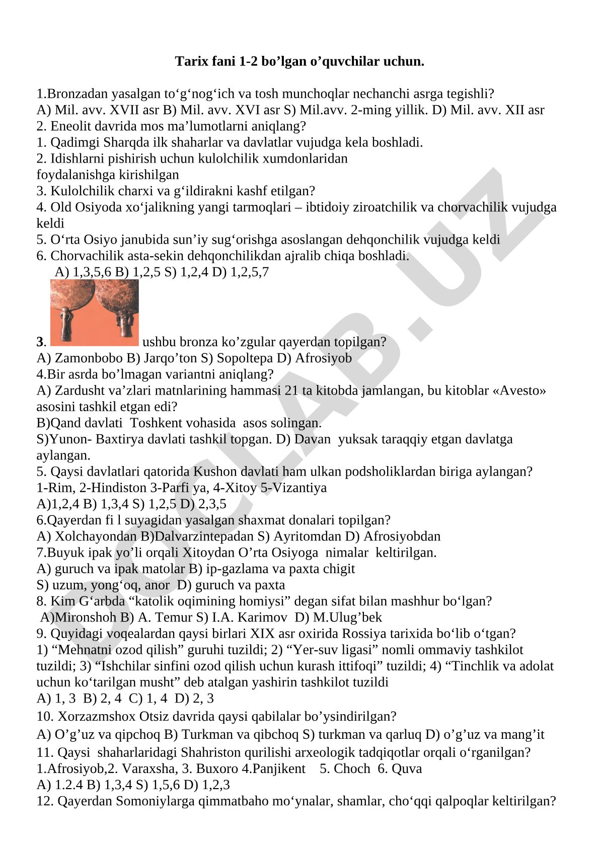 Tarix fanidan test savollari
