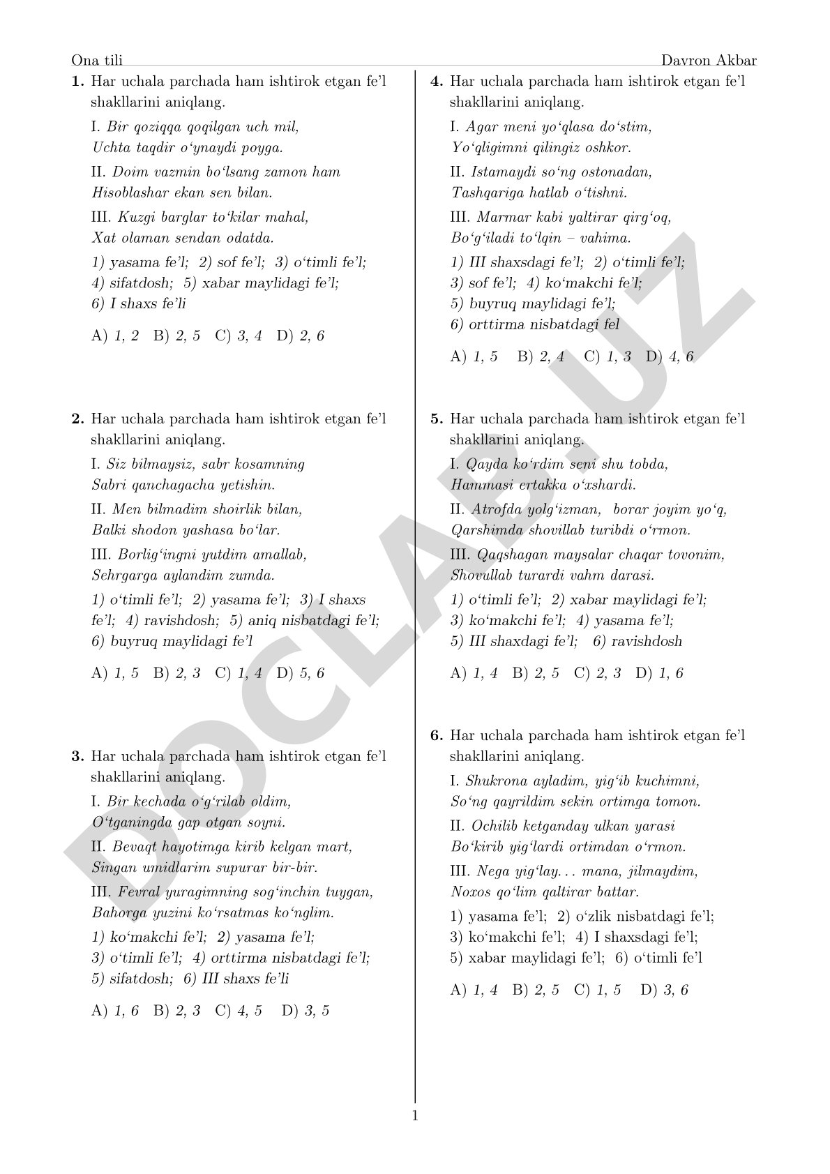 Ona tili fe'l shakllari test