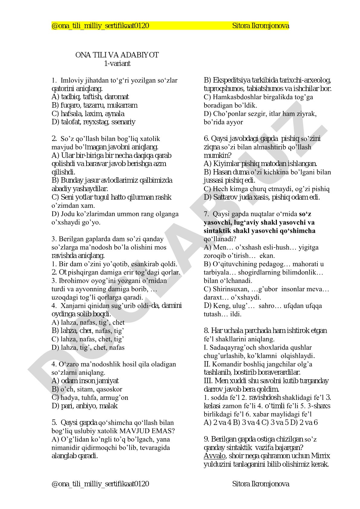 Ona tili va adabiyot 1-variant test savollari