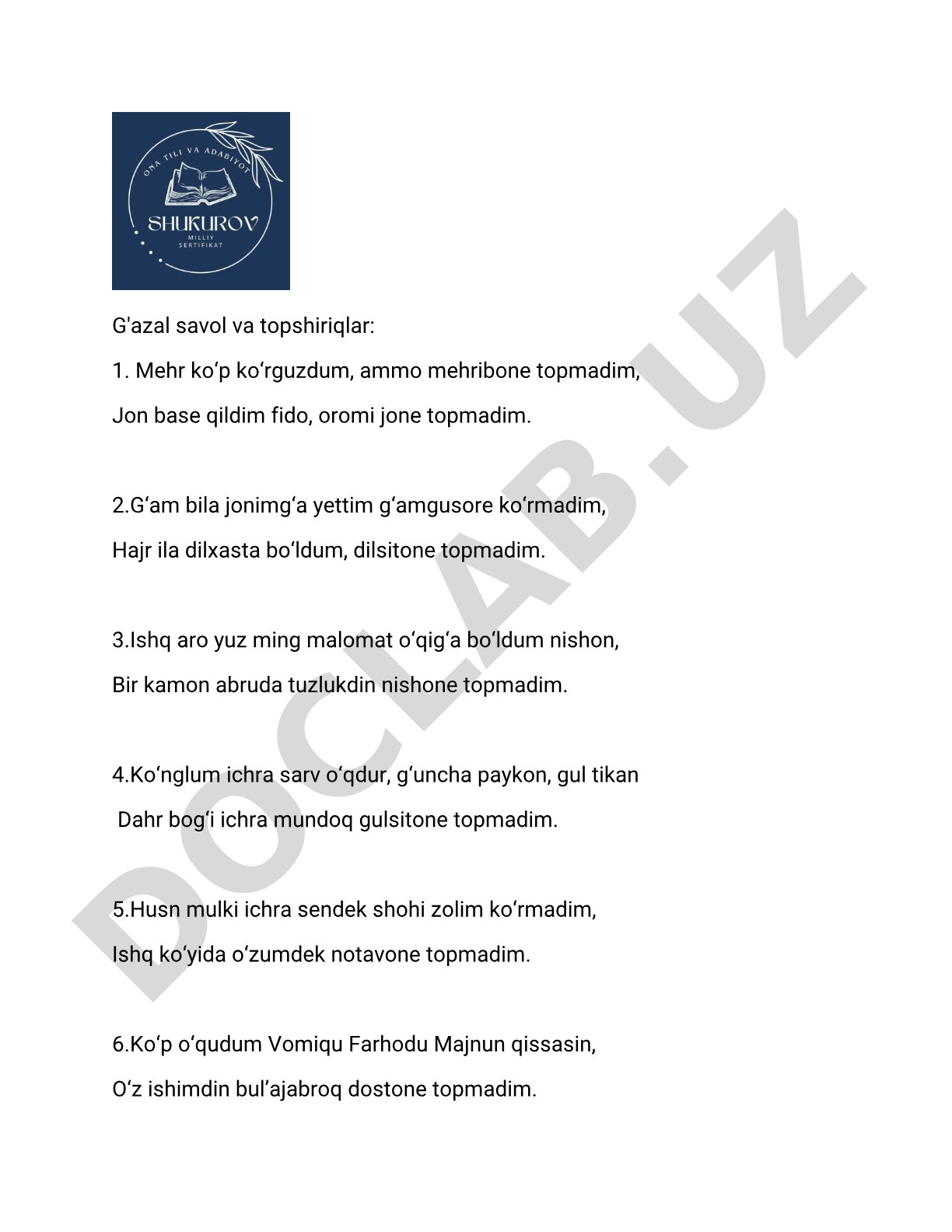 G'azal savol va topshiriqlar