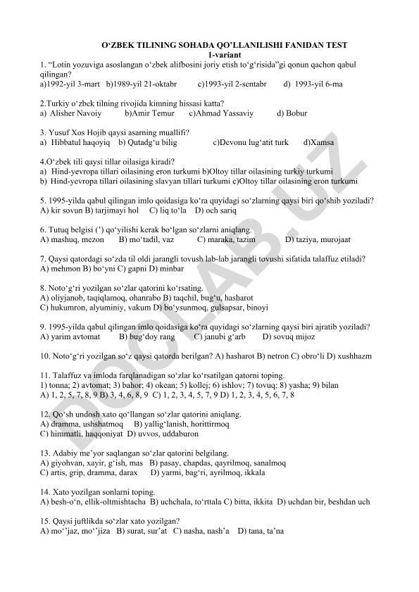 O‘zbek tilining sohada qo‘llanilishi fanidan test