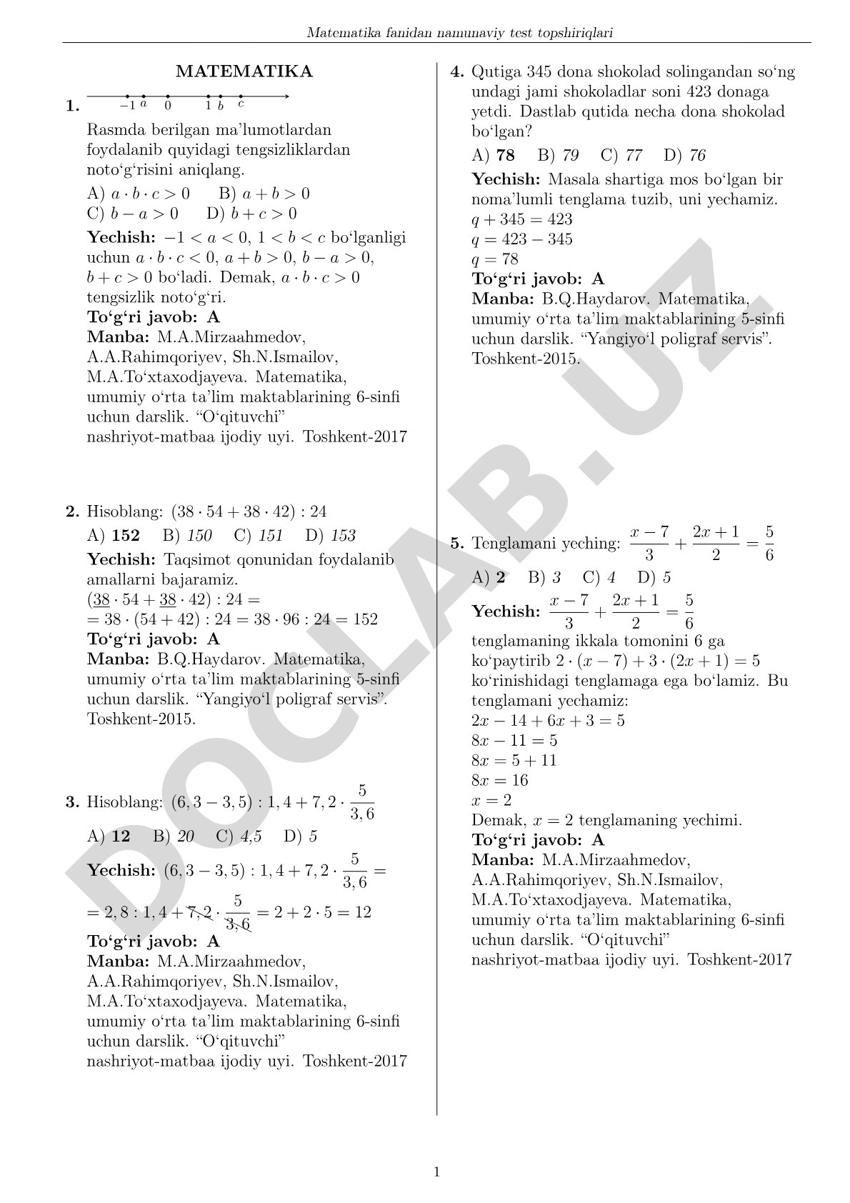 Matematika fanidan namunaviy test topshiriqlari