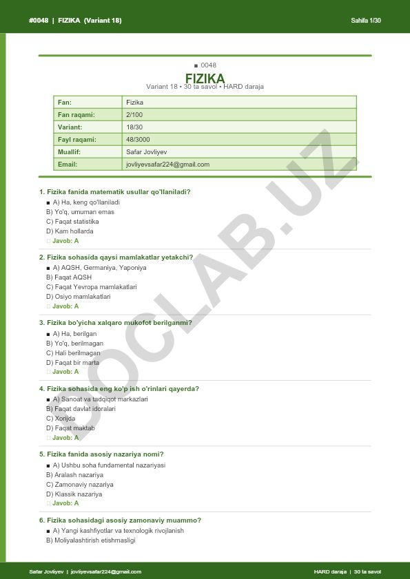 Fizika fanidan 30 ta savolli test (Variant 18)