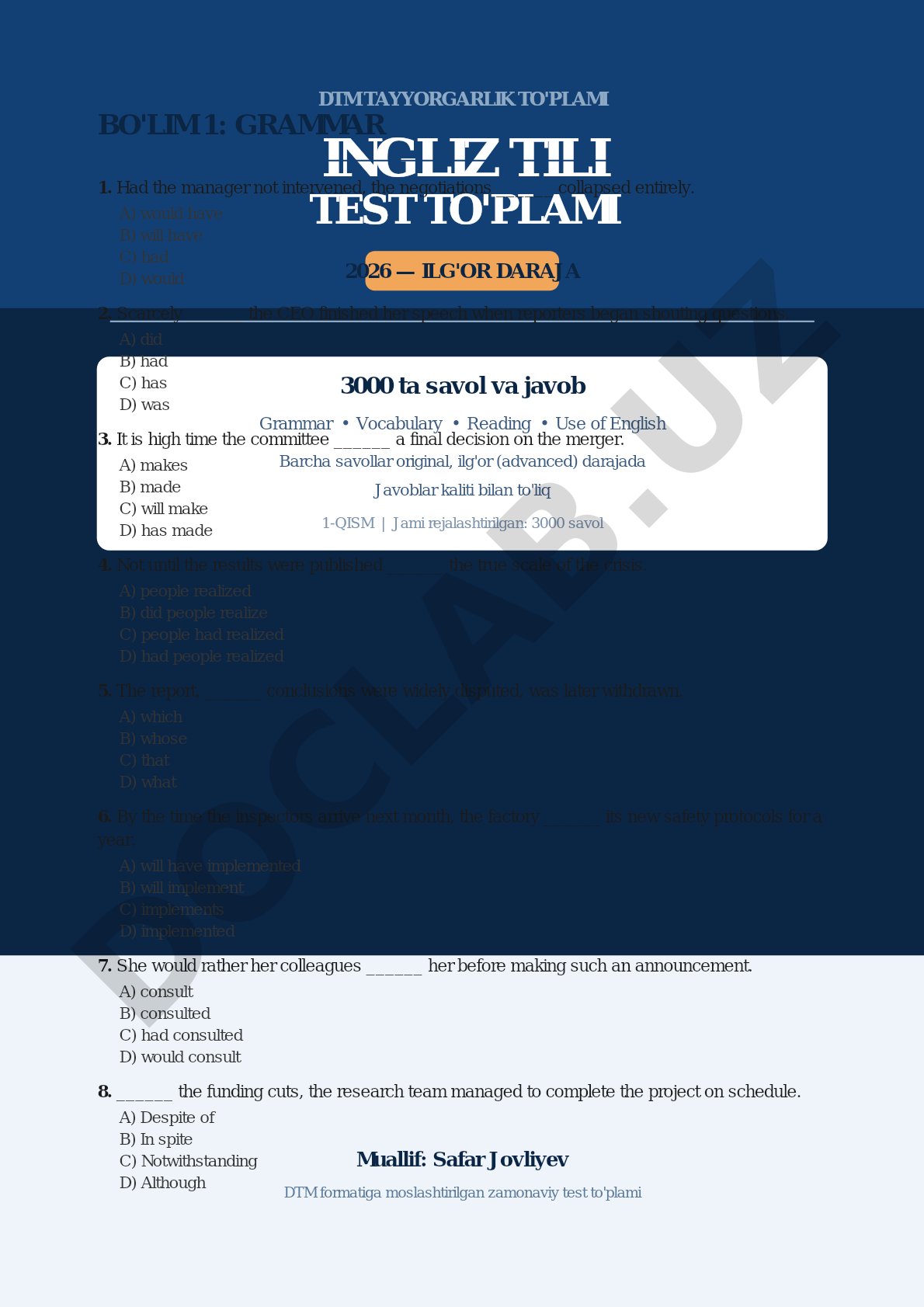 DTM tayyorgarlik to'plami ingliz tili test to'plami 2026 — ilg'or daraja
