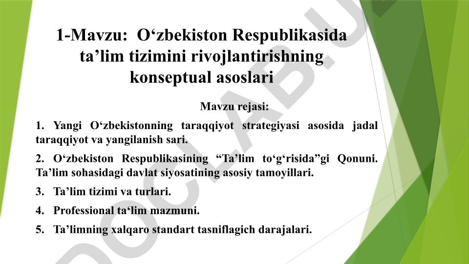 O‘zbekiston Respublikasida ta’lim tizimini rivojlantirishning konseptual asoslari