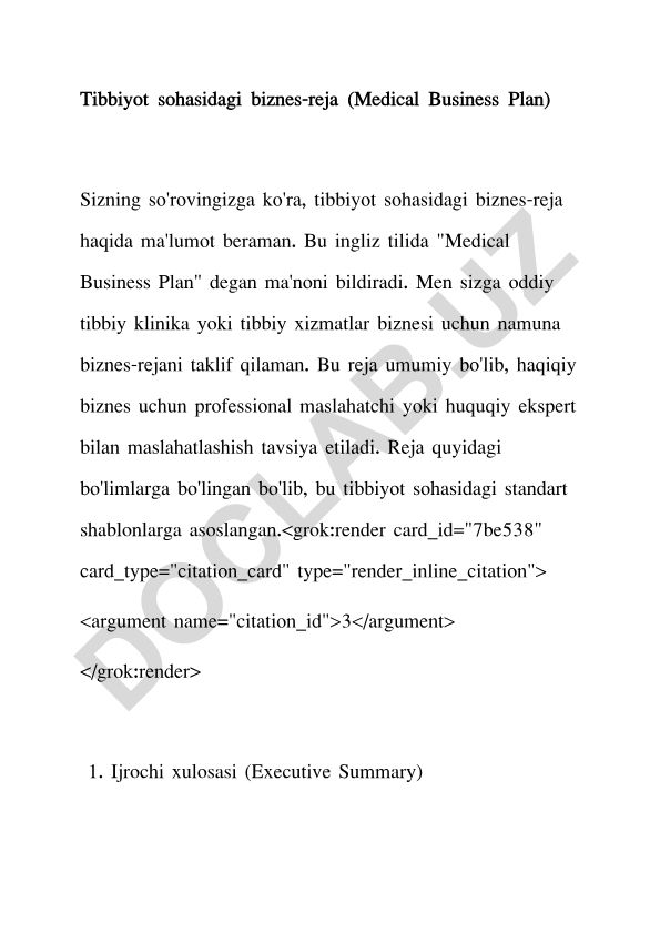 Tibbiy klinika biznes-rejasi