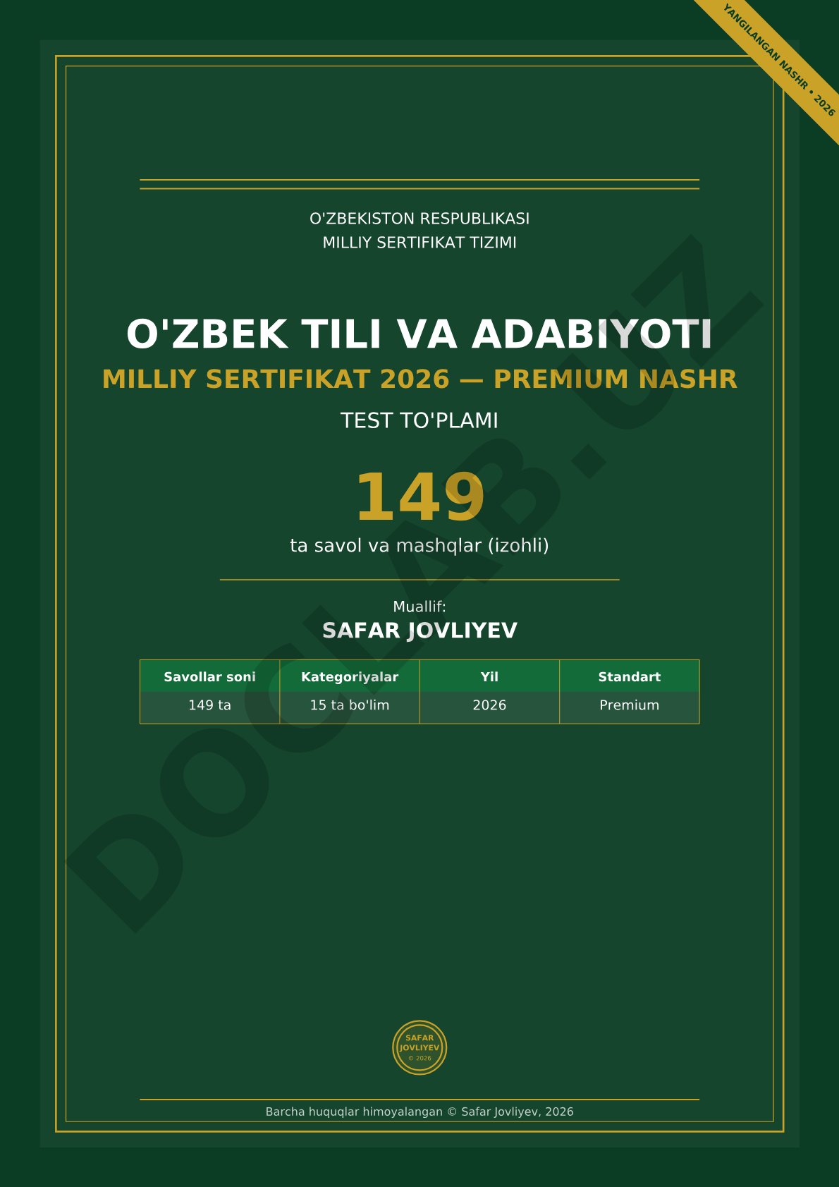 O'zbek tili va adabiyoti milliy sertifikat test to'plami
