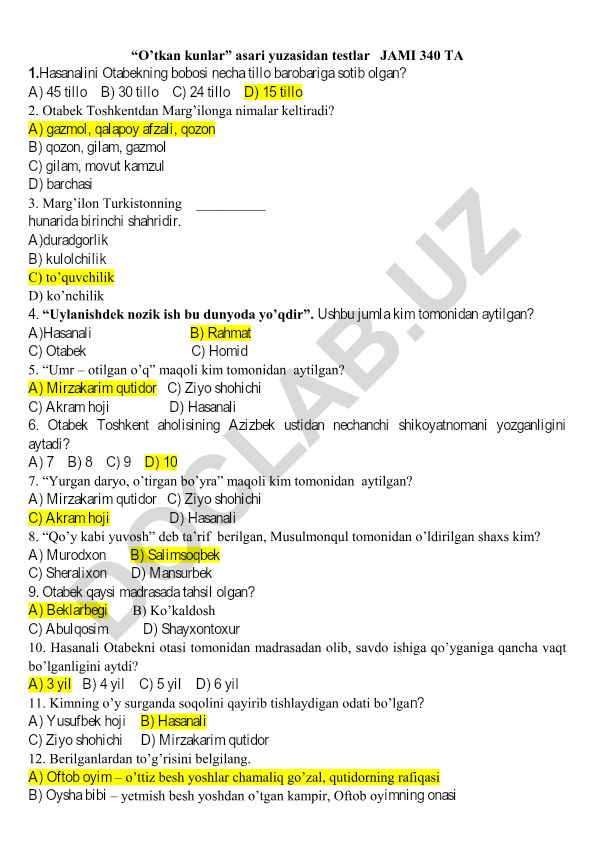 “O’tkan kunlar” asari bo'yicha test savollari