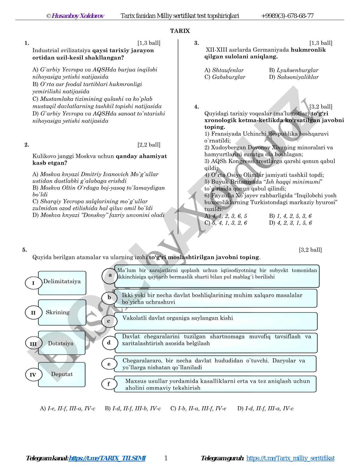 Tarix fanidan Milliy sertifikat test topshiriqlari