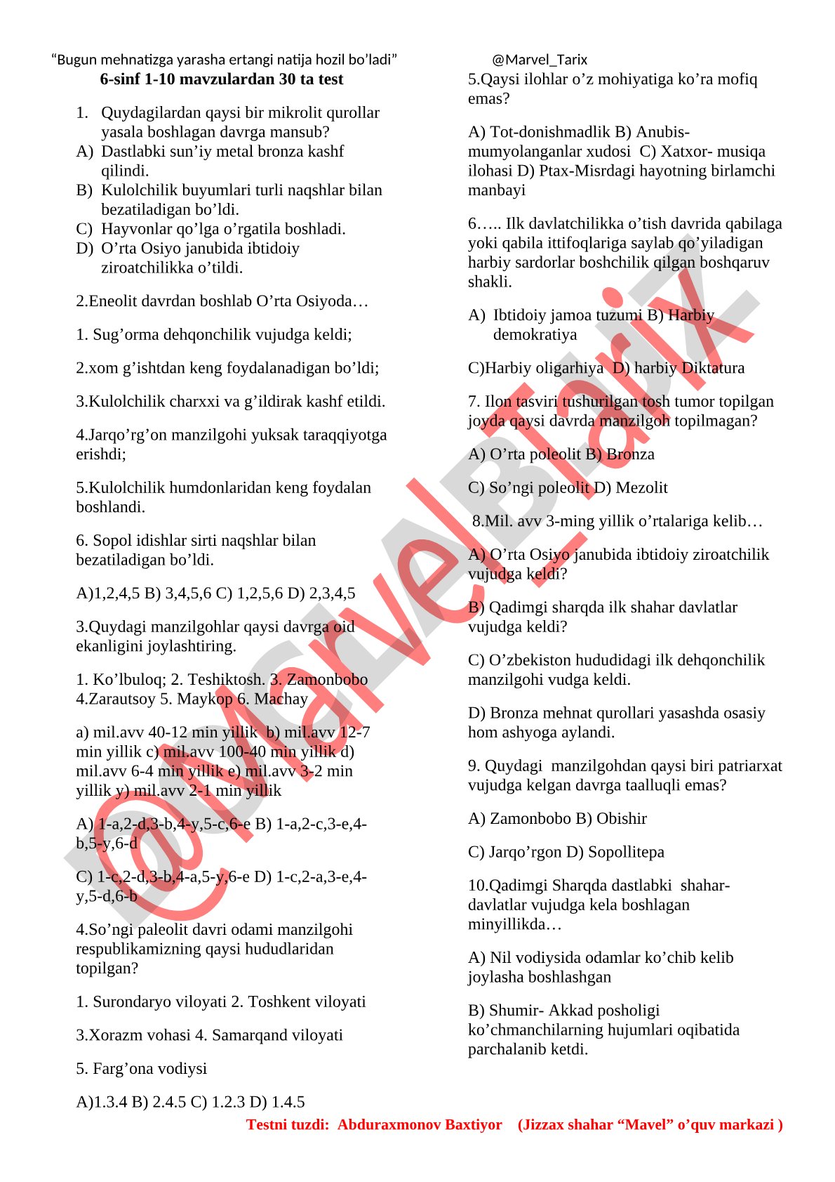 6-sinf 1-10 mavzulardan 30 ta test