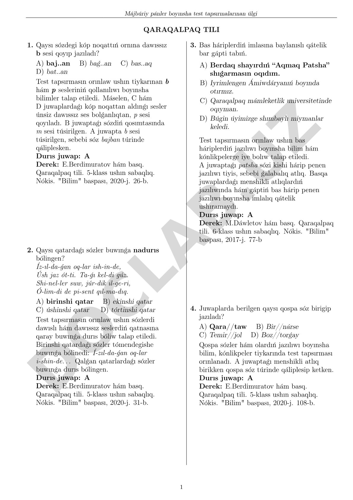 Qaraqalpaq tili test tapsırmaları